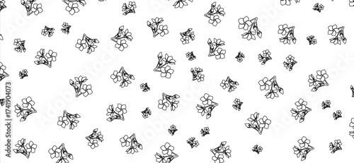 Delicate black outline floral pattern repeats on a clean white background, featuring scattered blossom elements in a simple, charming design, suitable for various creative projects and uses