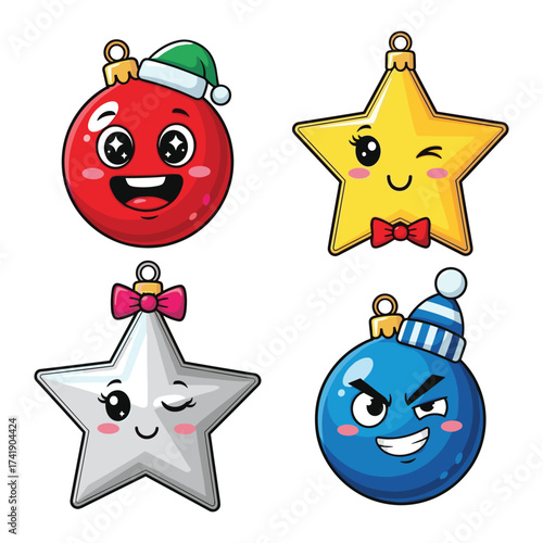 Cartoon Christmas ornaments with faces – star and bauble characters in festive hats