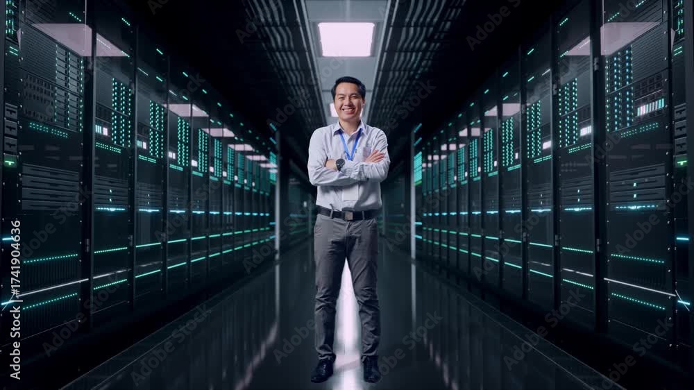 custom made wallpaper toronto digitalFull Body Shot Captures Of An Asian Male Professional Worker Standing in Server Room Data Center, His Broad Smile At The Camera And Cross His Arm Over His Chest