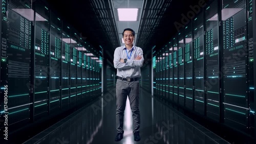 Wallpaper Mural Full Body Shot Captures Of An Asian Male Professional Worker Standing in Server Room Data Center, His Broad Smile At The Camera And Cross His Arm Over His Chest Torontodigital.ca