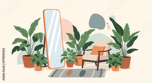 A serene corner decorated with potted plants and a comfy armchair.