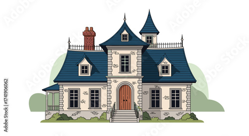 An elegant french country manor house with turrets and dormer windows.