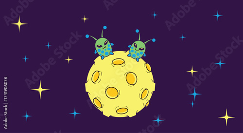 Two aliens stand on a cratered moon surrounded by stars.
