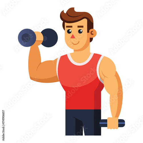 Muscular athletic man holding a dumbbell and performing a powerful arm curl, emphasizing intense weight training and physical strength on a white background.