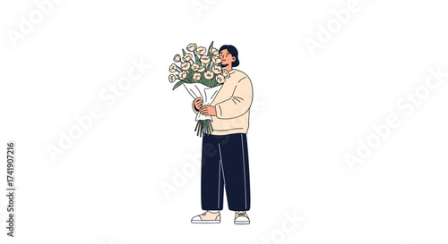 A person holding a large bouquet of white flowers.