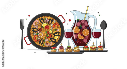 A delicious assortment of Spanish cuisine including paella and tapas.