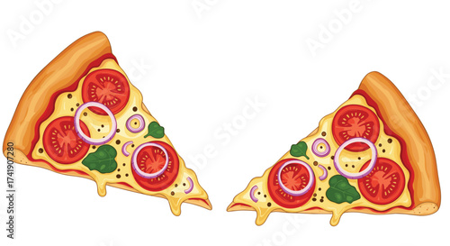 Delicious slices of vegetarian pizza with tomatoes and onions.