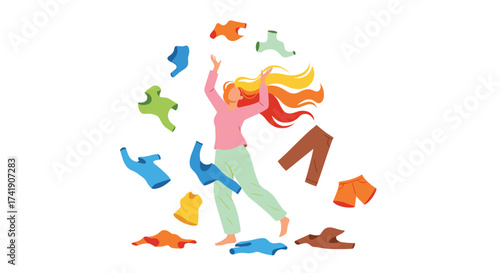 A person joyfully throwing colorful clothes up in the air.