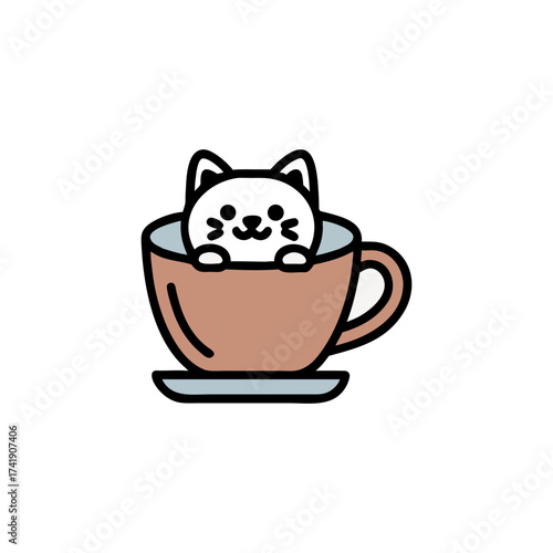 Cute kawaii cat peeking out of a coffee cup