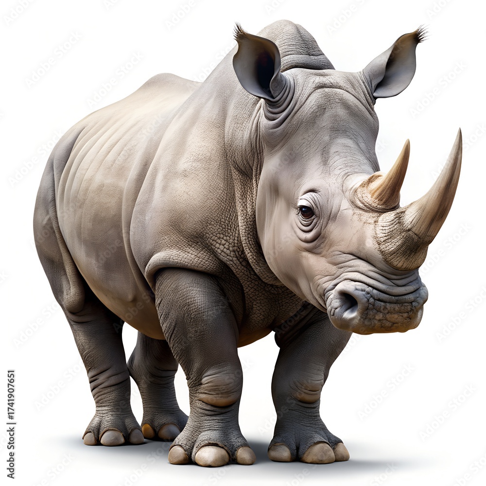 Fototapeta premium White Rhinoceros Standing on White Background Keywords: rhinoceros, rhino, animal, wildlife