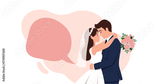 A newly married couple embracing and sharing their love on their special day.