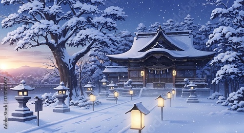 Wallpaper Mural Serene Winter Shrine with Snow-Covered Trees and Lanterns at Dusk Torontodigital.ca