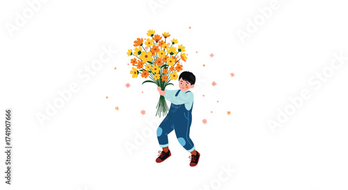 A young boy gleefully holds a large bouquet of sunflowers.
