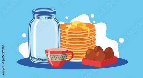 A delicious breakfast of pancakes milk and eggs.