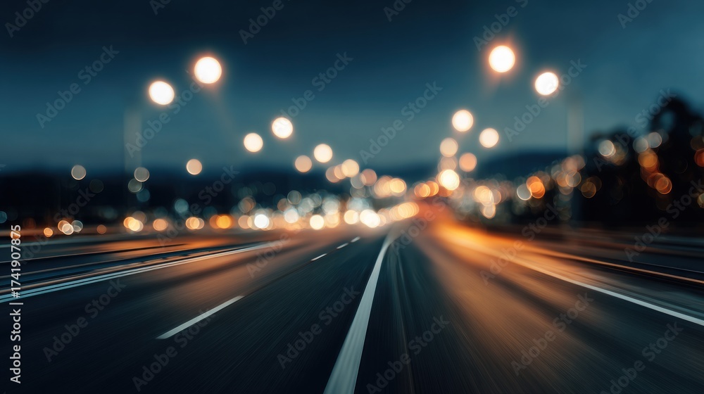 Naklejka premium Blurred highway road background, smooth asphalt lanes, glowing streetlights at night, soft motion blur effect, minimal futuristic style, wide copy space for headline text, perfect for transport.