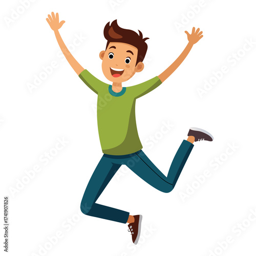 Casual male jumping high into the air with both arms raised, expressing pure joy, success, and unrestrained excitement, isolated on white.