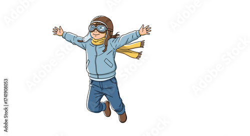 A young person in aviator goggles and a scarf leaps through the air with outstretched arms.