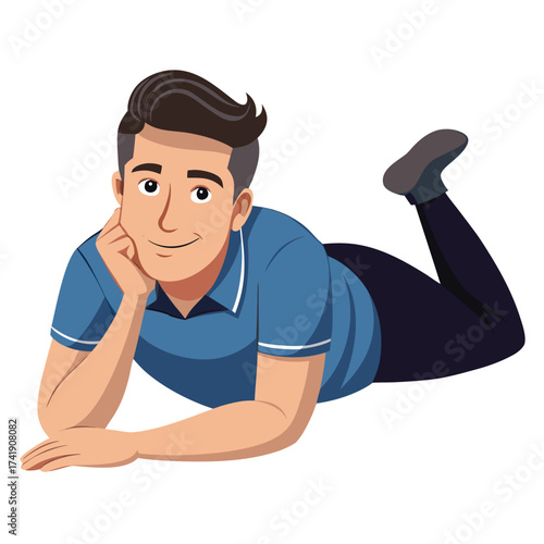Casual man lying on his stomach, propped up on his elbows and forearms, viewing something on the ground, isolated on a white background.
