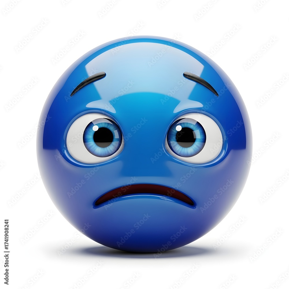 Fototapeta premium Sad blue emoji isolated on white background expressing feelings of disappointment