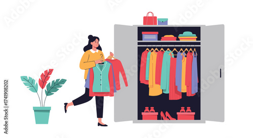 Organizing your wardrobe with colorful clothes.