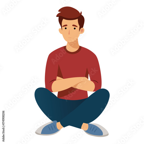 Casual man sitting comfortably on the floor with his arms crossed over his knees, symbolizing relaxation, quiet thought, and simple living on white.