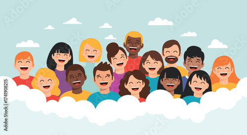 A diverse group of happy people laughing together in the clouds.