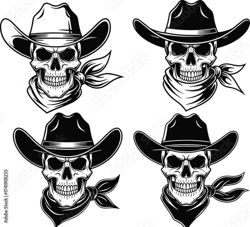 Western outlaw skulls with cowboy hats and bandanas, vintage tattoo style illustration for Halloween, biker, rodeo, or rebel themes