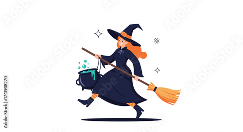 A witch in a black hat flies on a broomstick with a cauldron.