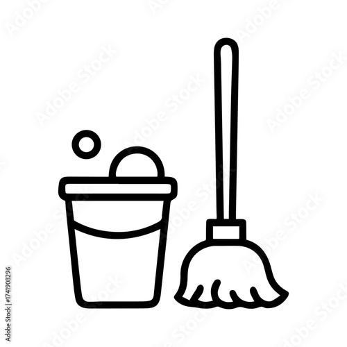 Simple line art icon of a mop and bucket with bubbles for cleaning