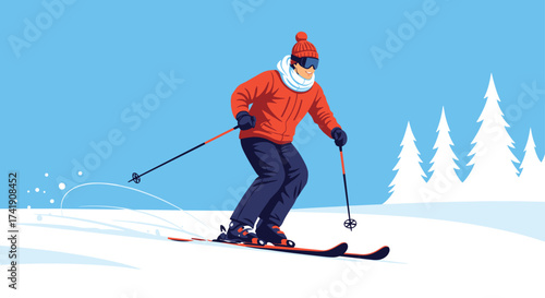 A person skiing down a snowy slope during winter. 