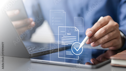 Tableau sur toile Person using digital tablet with document icons, representing tax receipts, accounting records, finance organization, digital filing, and bookkeeping for efficient financial management and compliance