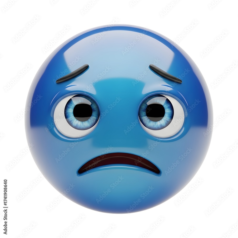Fototapeta premium Blue emoji with a sad expression isolated on white background, conveying sadness