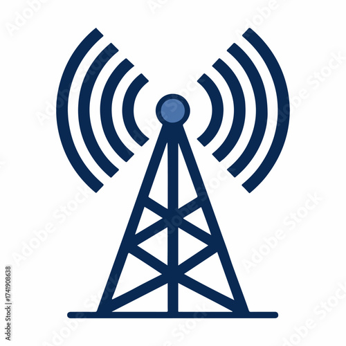 Blue communication tower broadcasting radio waves