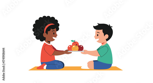 Two children share a plate of apples together.