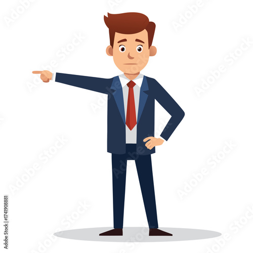 Corporate professional pointing sharply downward with a focused expression, indicating a location, importance, or a specific area on a white backdrop.