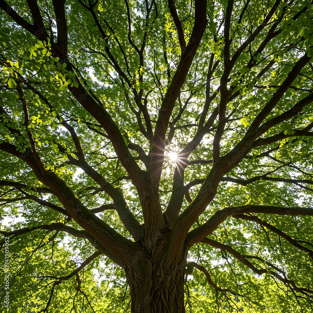 Fototapeta premium Looking Up Through Tree Canopy with Sunlight Bursting Through Branches