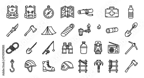 A collection of illustrated camping and outdoor adventure icons, including backpacks, compasses, maps, and various equipment, perfect for design and recreational concepts.
