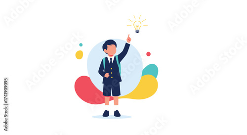 A young student with a backpack has a bright idea glowing above his head.