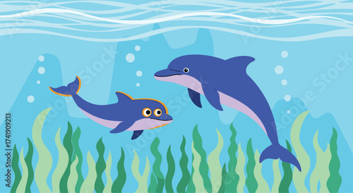 Two playful dolphins swim in the ocean near seaweed.