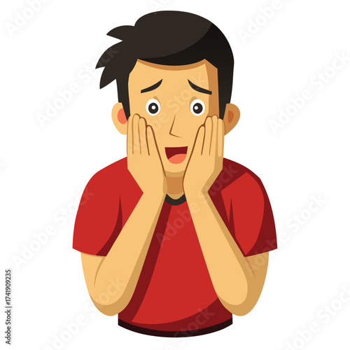 Embarrassed guy covering his face and eyes with both hands, showing shame, shyness, or awkwardness, a strong symbol of deep emotional reaction, isolated on white.