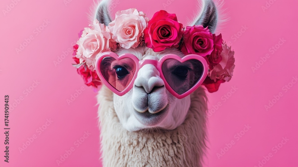 Naklejka premium Adorable llama with heart-shaped sunglasses and vibrant floral crown against a bright pink background, perfect for cheerful and whimsical themes.