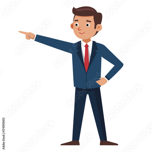 Confident executive man pointing strongly to the side with an extended arm and index finger, indicating direction or important information, on a white background.