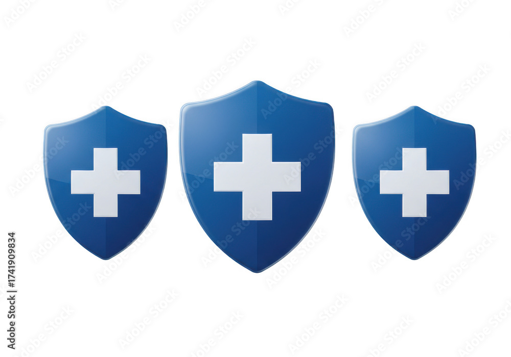 Obraz premium Three blue shields with white crosses representing healthcare and protection isolated on transparent background
