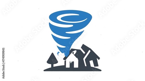 Tornado destroying a village or town animation icon.