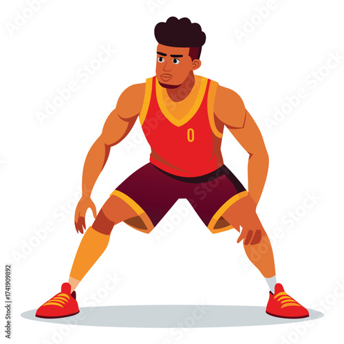 Fit male athlete in a low defensive basketball position, focused and prepared to guard, isolated on a clean white background, showcasing intense sports action.