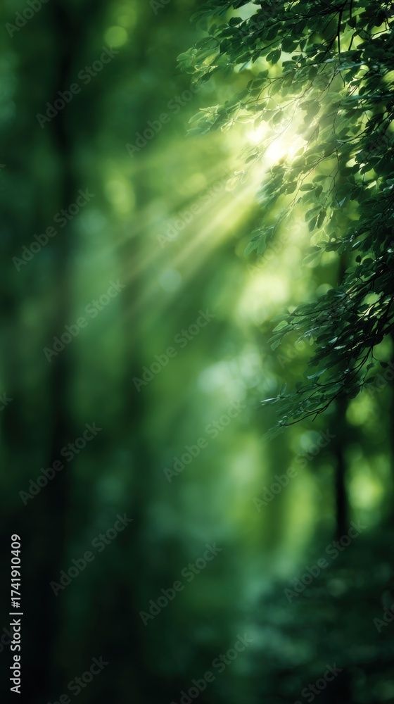 Fototapeta premium Blurred lush green forest with sunlight rays shining through trees, soft natural haze, cool refreshing atmosphere, dreamy bokeh blur, minimal clean composition with wide blank copy space for text.