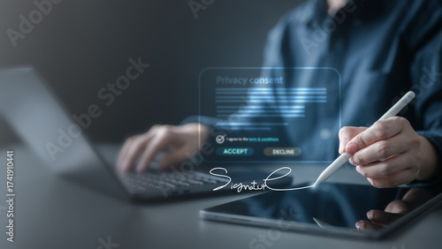 Foto Person signing digital privacy consent form on tablet, concept of GDPR compliance, cookie policy, data protection, user preferences, online security, and personal information control