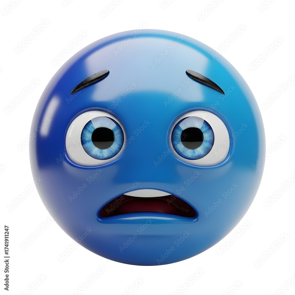 Fototapeta premium Blue smiley face with a scared expression isolated on white background