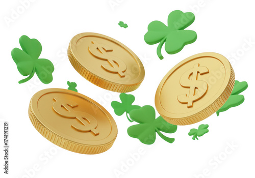 Golden coins and green shamrocks symbolize luck and prosperity on st patrick's day isolated on transparent background