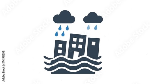 Heavy rain flooding a city animation icon.